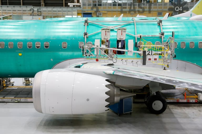 A Boeing 737 MAX aircraft -- a jet series facing intense scrutiny after two fatal crashes and a series of dangerous incidents -- is under assembly at the company's factory in Renton, Washington (Jennifer Buchanan)