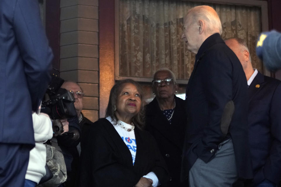 President Joe Biden talks with supporters during a campaign event in Saginaw, Mich., Thursday, March 14, 2024. (AP Photo/Jacquelyn Martin)