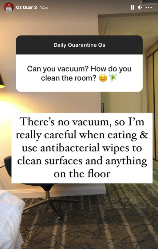 Instagram story explaining vacuuming room hotel quarantine Sydney