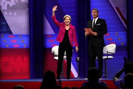 Democratic 2020 U.S. presidential candidate Senator Elizabeth Warren (D-MA) gestures during a televised townhall on CNN dedicated to LGBTQ issues in Los Angeles, California