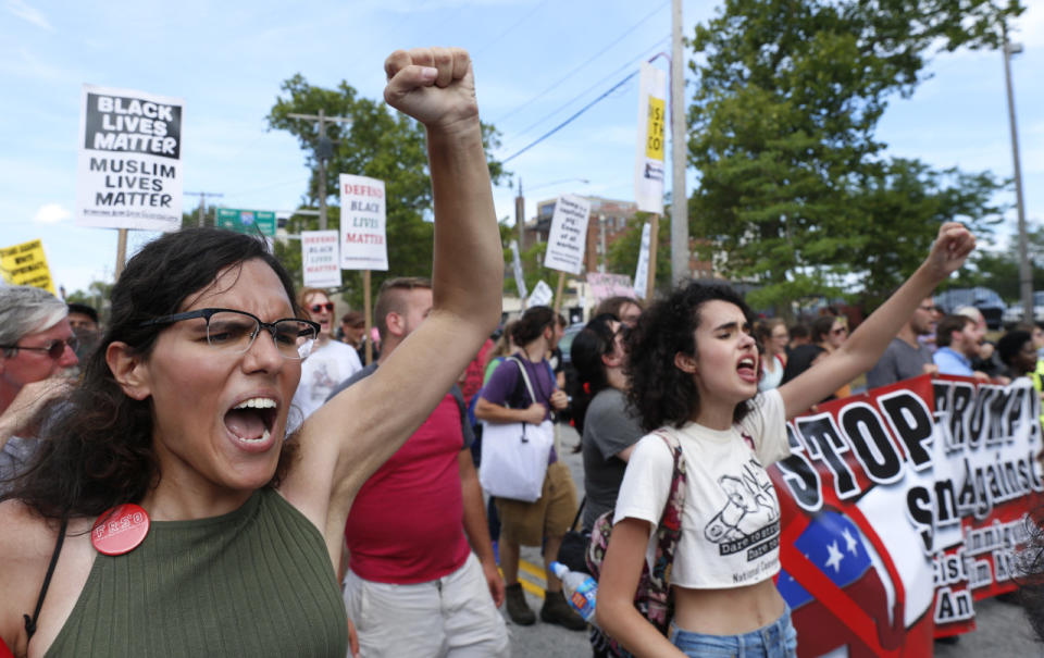 Demonstrators protest outside the RNC