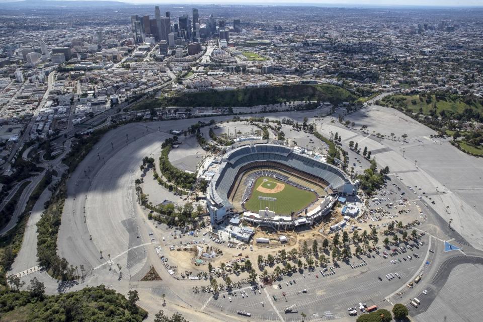 An aerial view of Dodger Stadium on March 25.