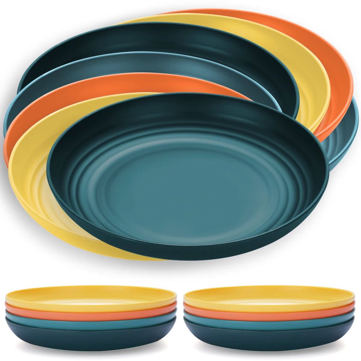 Plastic multicolored deep plates in teal, yellow, blue and orange.