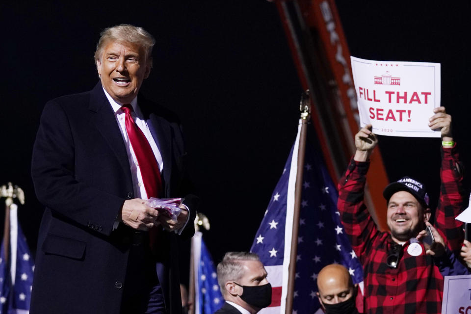 President Donald Trump arrives for a campaign rally at John Murtha Johnstown-Cambria County Airport, Tuesday, Oct. 13, 2020, in Johnstown, Pa. (AP Photo/Evan Vucci)