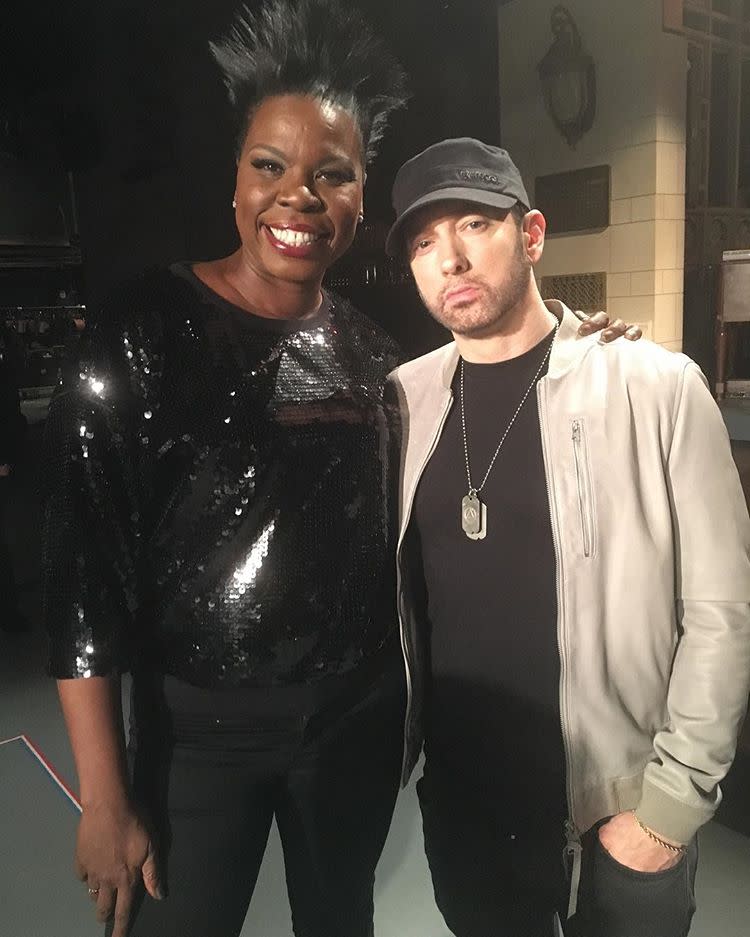 <p>All things considered, Jones looks pretty chill in this shot, despite the frantic excitement she must’ve been feeling, as evidenced by her caption: “Ok you know I’m freaking out right now!! Oh my goodness!! @eminem y’all know I totally fan girled out I know he think I’m a geek lol but I could not help it!! Omg!! This week is gonna be so pumped!!” This should be a testament to her acting abilities. As for Eminem? He looks very … Eminem. (Photo: <a rel="nofollow noopener" href="https://www.instagram.com/p/Bbkq32llF9x/?hl=en&taken-by=lesdogggg" target="_blank" data-ylk="slk:Leslie Jones via Instagram;elm:context_link;itc:0;sec:content-canvas" class="link ">Leslie Jones via Instagram</a>) </p>