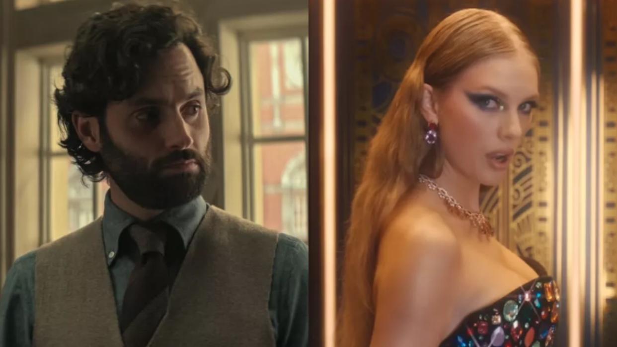  Left to Right: Penn Badgley in You; Taylor Swift in her "Bejeweled" music video. 