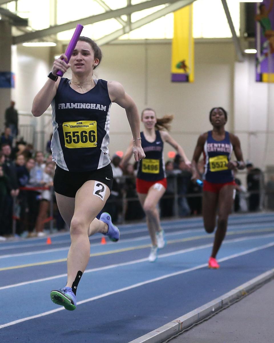 Framingham’s Abby Desmarais takes 3rd place in the 4X400 meter relay race with a time of 4:05.81 at the MIAA Meet of Champions at the Reggie Lewis Track Center in Boston on Saturday, Feb. 25, 2023.