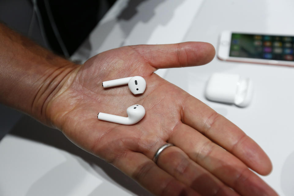 Wireless AirPods are demonstrated following the product launch of the iPhone 7 at the Bill Graham Civic Auditorium in San Francisco, Calif., on Wednesday, Sept. 7, 2016. (Photo by Gary Reyes/Bay Area News Group) (Photo by MediaNews Group/Bay Area News via Getty Images)