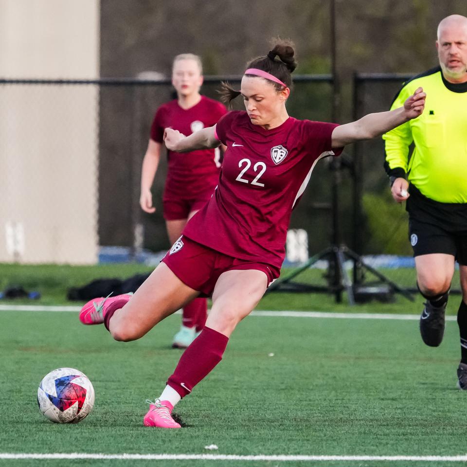 Menomonee Falls' Clare Shea lines up a kick during a match at home against Germantown last week. Falls entered this week 5-1-1 overall.