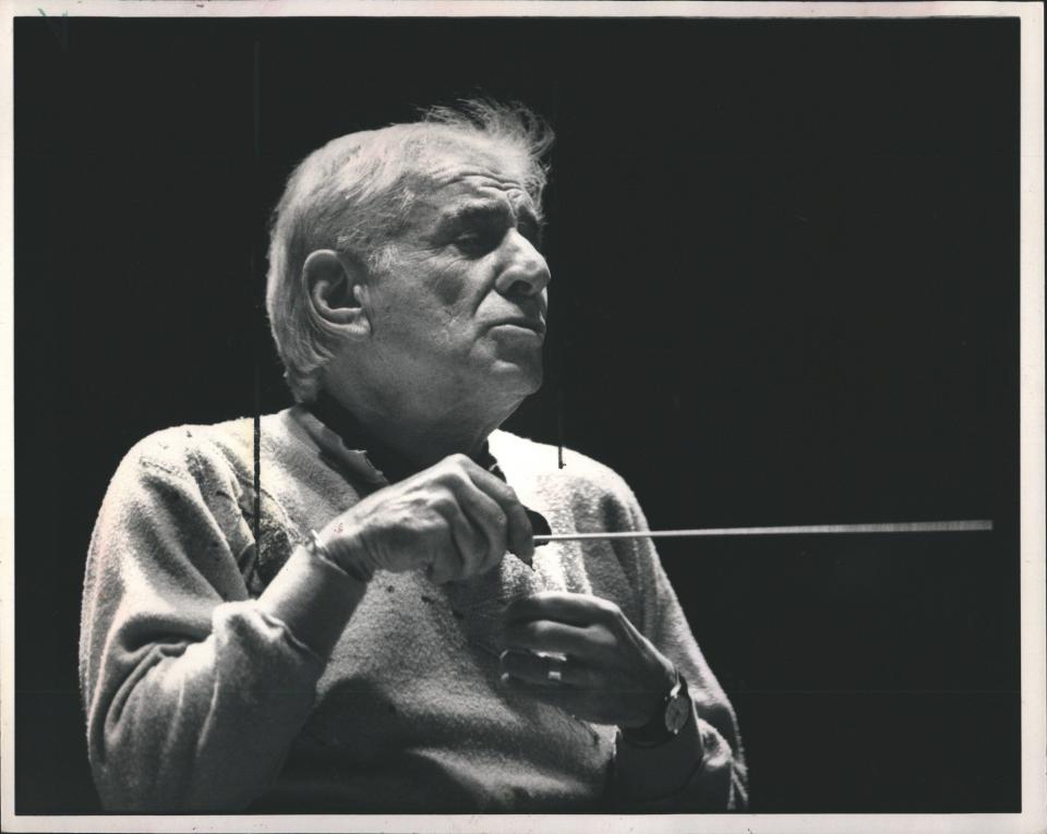 Leonard Bernstein conducts the Vienna Philharmonic in Ann Arbor during a rehearsal for a 1984 concert at Hill Auditorium.