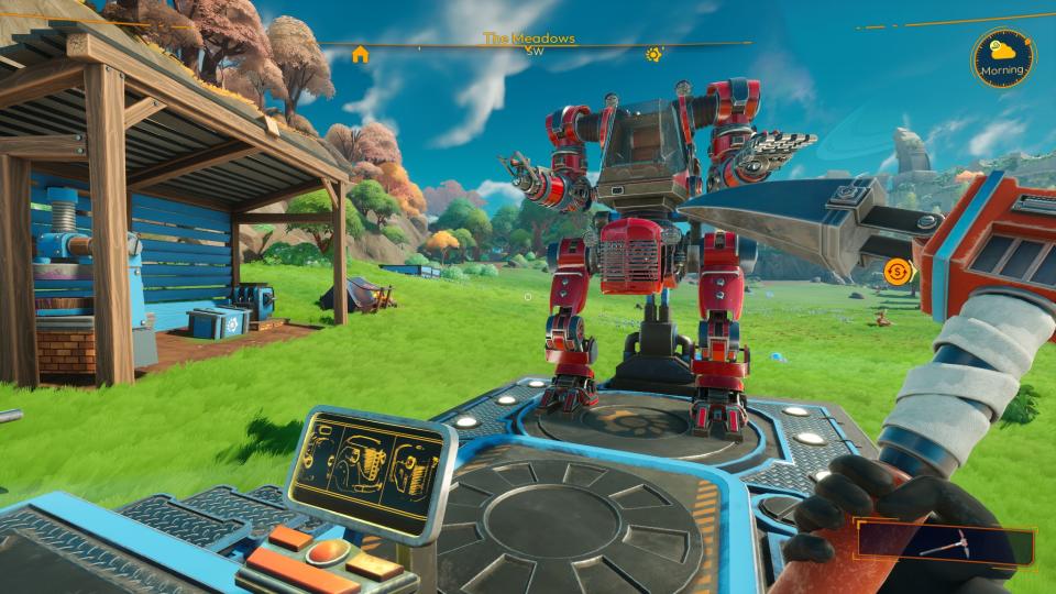 Lightyear Frontier - a red mech stands on an upgraded platform while a player looks at a screen