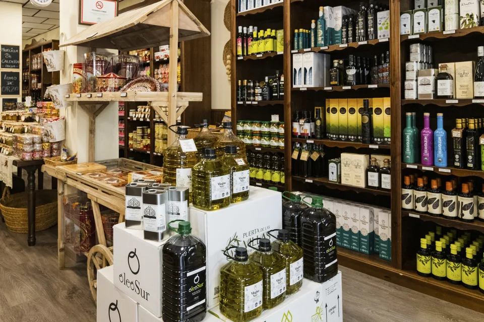 A variety of olive oils at a shop in the town of Úbeda, in Spain's olive oil producing province of Jaén, Aug. 26, 2022. (Emilio Parra Doiztua/The New York Times)