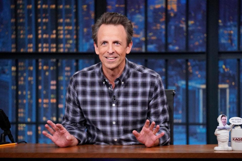 Seth Meyers during the &quot;Late Night With Seth Meyers&quot; monologue on Nov. 23, 2021.