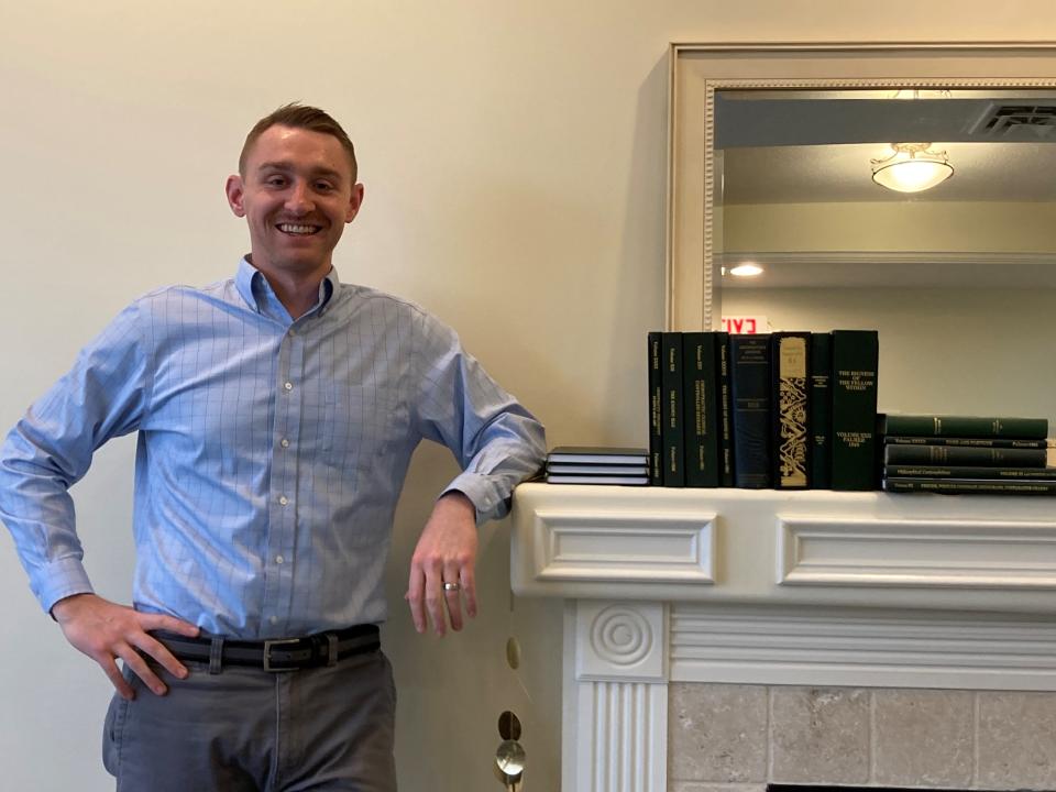 David Claggett inside of Genesis Chiropractic at 202 E. Broad St. in Pataskala. The 2014 Licking County Christian Academy graduate opened the practice in February 2022.