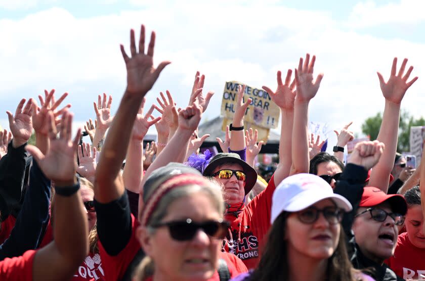 Los Angeles, California March 23, 2023-Protestors listen to speakers as members of the Service Employees International Union Local 99 picket at Los Angeles Historic State Park Thursday. (Wally Skalij/Los Angeles Times)