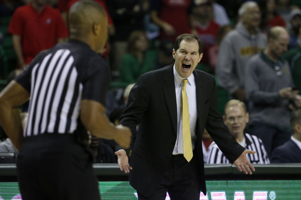 Baylor head coach Scott Drew argues a foul call during the second half of an NCAA college basketball game against Arizona in Waco, Texas, Saturday, Dec. 7, 2019. (AP Photo/Michael Ainsworth)