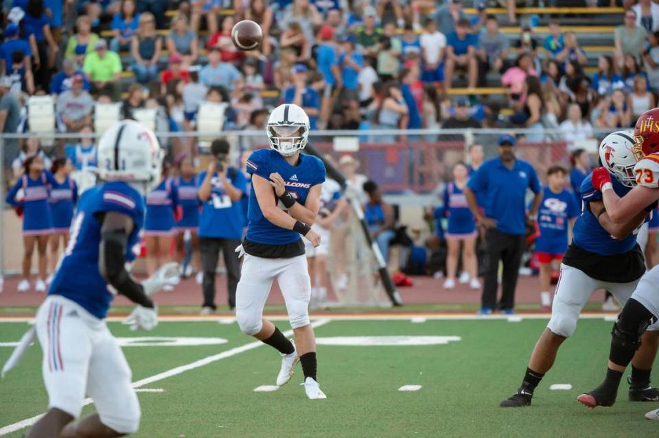 Christian Brothers Falcons quarterback William Littlejohn (6) passes to running back Daniel Kamara (21) in the first half of the Holy Bowl on Saturday, Sept. 9, 2023, at Sacramento City College.