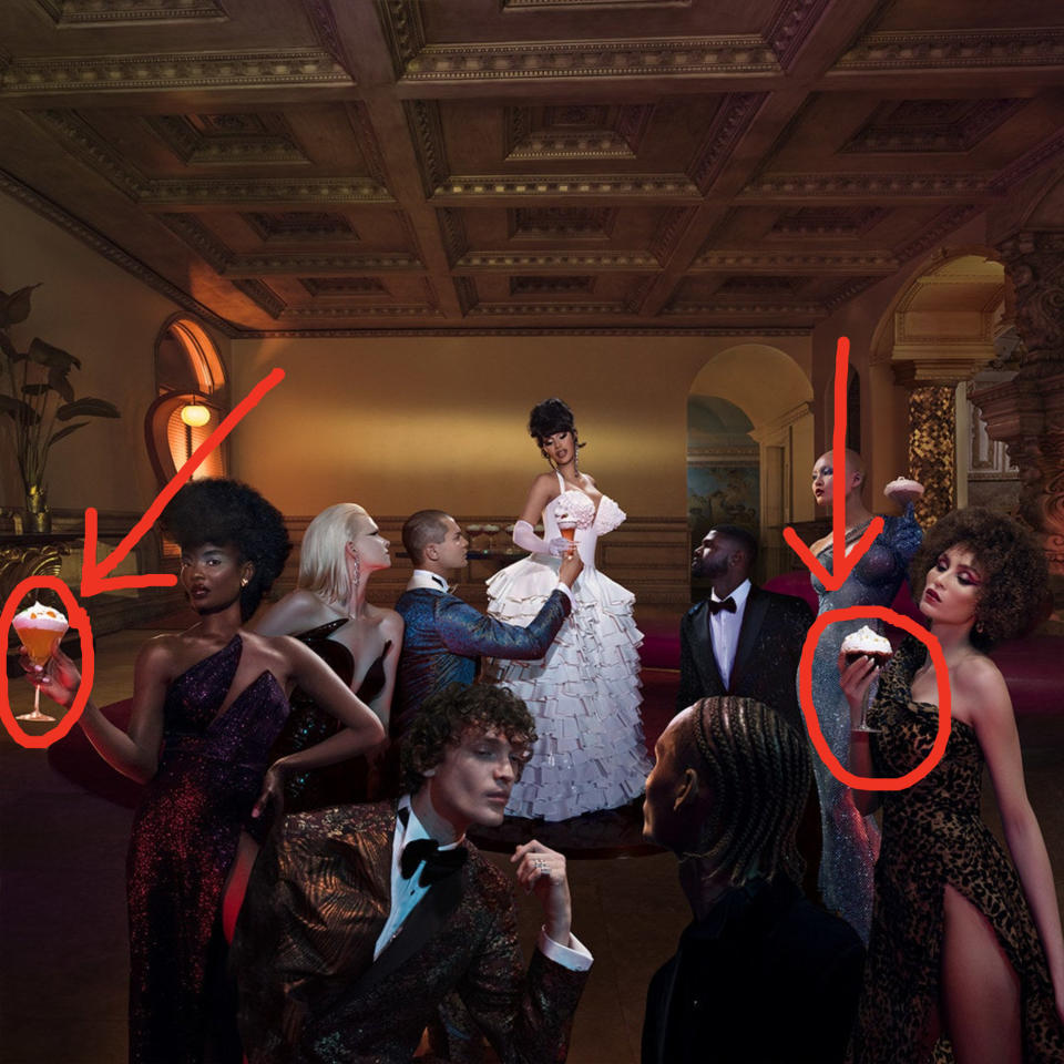 Cardi B posing among a room full of models, with arrows pointing to cocktail glasses with a lot of Whipshots in them