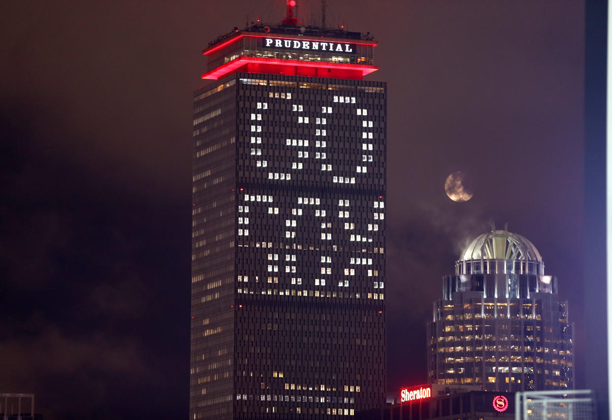 The Prudential building is lit up in support of the Boston Red Sox in the 2018 World Series. (Getty Images)