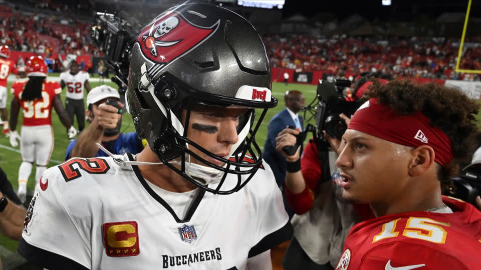 Brady and Mahomes meet after a game in 2022. - Jason Behnken/AP