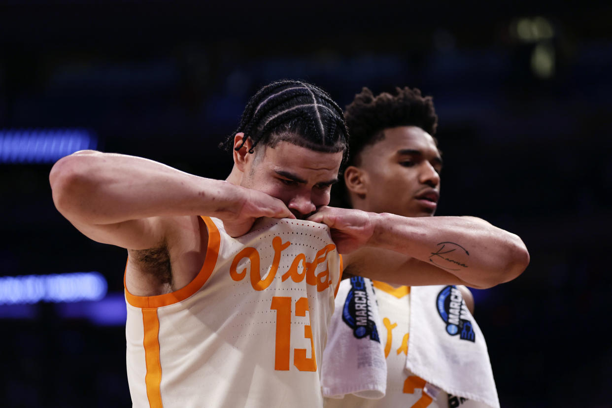 Tennessee forward Olivier Nkamhoua walks off the court after the team was defeated by Florida Atlantic in a Sweet 16 college basketball game in the East Regional of the NCAA tournament at Madison Square Garden, Thursday, March 23, 2023, in New York. (AP Photo/Adam Hunger)