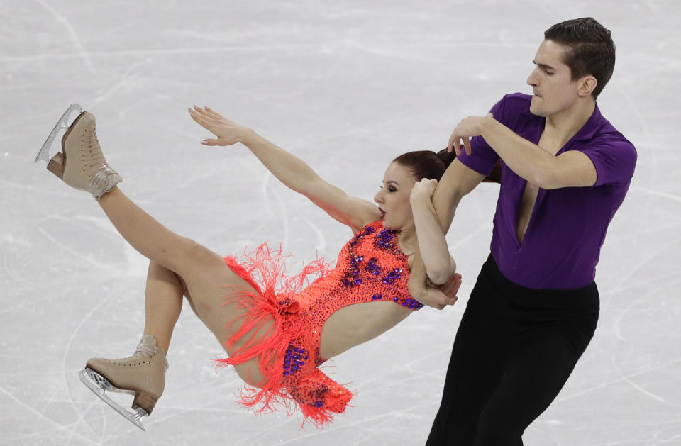 <p>Marie-Jade Lauriault and Romain Le Gac of France perform during the ice dance, short dance figure skating in the Gangneung Ice Arena at the 2018 Winter Olympics in Gangneung, South Korea, Monday, Feb. 19, 2018. (AP Photo/David J. Phillip) </p>