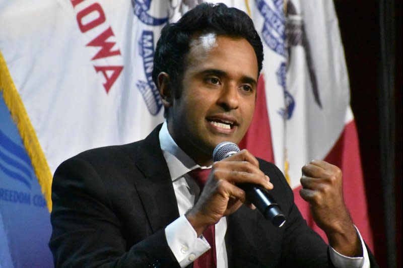 Entrepreneur Vivek Ramaswamy takes part in a Q&A with Iowa Attorney General Brenna Bird at the Iowa Faith and Freedom Coalition Fall Gala on Saturday in Des Moines, Iowa