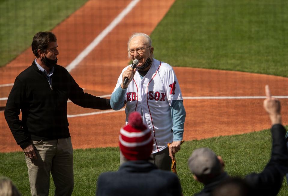 Bob Cousy exclaims "Play Ball!" to wrap up the ceremonies during Opening Day at Polar Park on May 11.