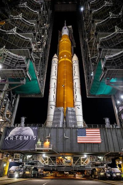 NASA’s new Space Launch System is seen here being moved from the rocket assembly building to a launchpad. <a href="https://images-assets.nasa.gov/image/KSC-20220816-PH-JBS01_0092/KSC-20220816-PH-JBS01_0092~thumb.jpg" rel="nofollow noopener" target="_blank" data-ylk="slk:NASA;elm:context_link;itc:0;sec:content-canvas" class="link ">NASA</a>