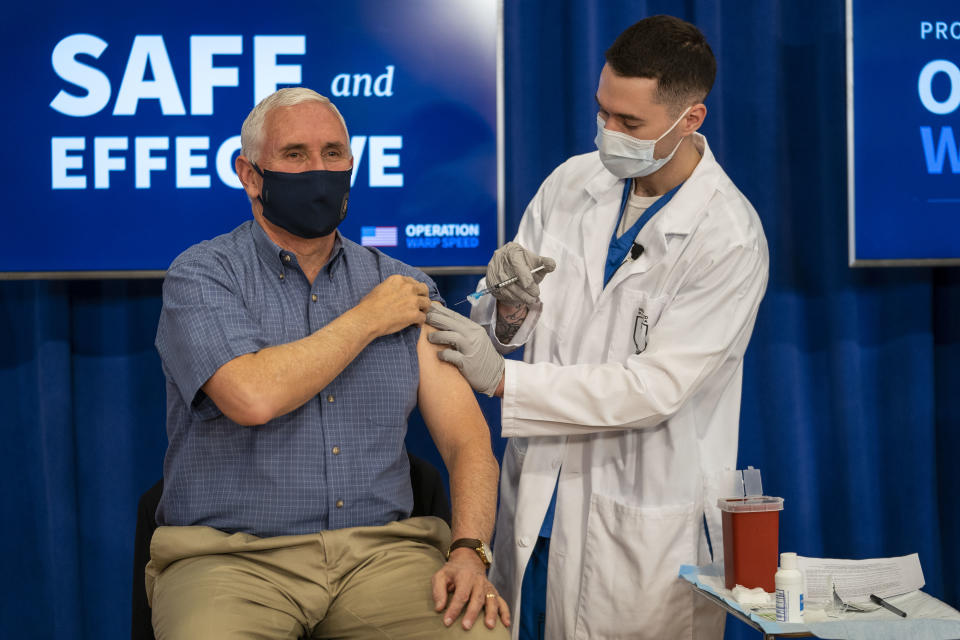 WASHINGTON, DC - DECEMBER 18: U.S. Vice President Mike Pence receives a COVID-19 vaccine to promote the safety and efficacy of the vaccine at the White House on December, 18, 2020 in Washington, DC.  (Photo by Doug Mills-Pool/Getty Images)