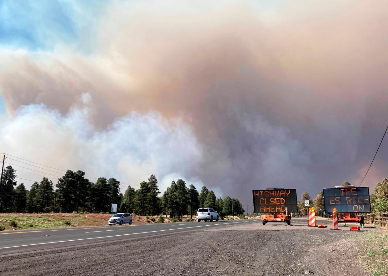 A plume of smoke from a wildfire that started Sunday, June 12, 2022, on the outskirts of Flagstaff rises above the forest. Authorities evacuated forest roads and popular recreation areas.
