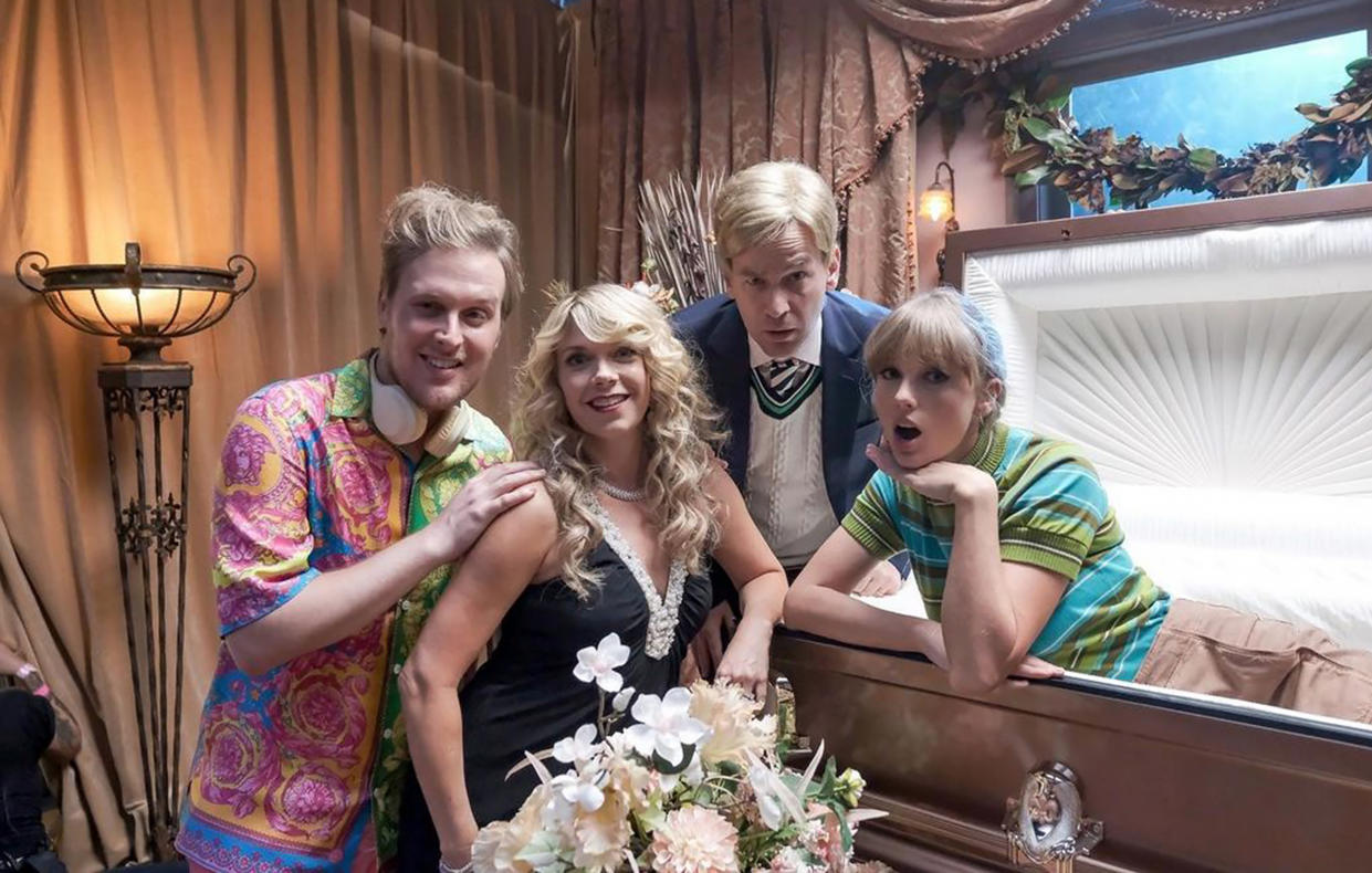 John Early, Mary Elizabeth Ellis, and Mike Birbiglia with Taylor Swift on set of Swift's new music video 