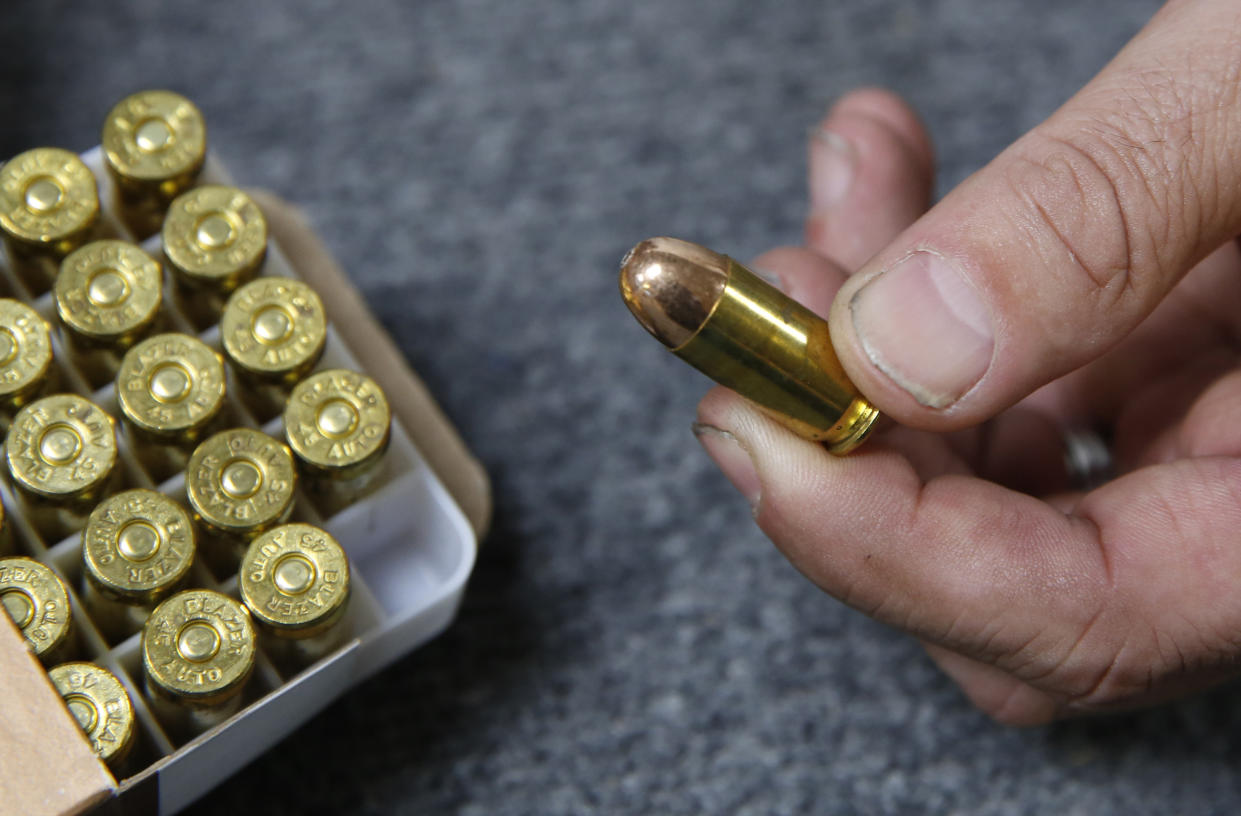 .45-caliber ammunition for sale at a store in Shingle Springs, Calif. (AP Photo/Rich Pedroncelli)