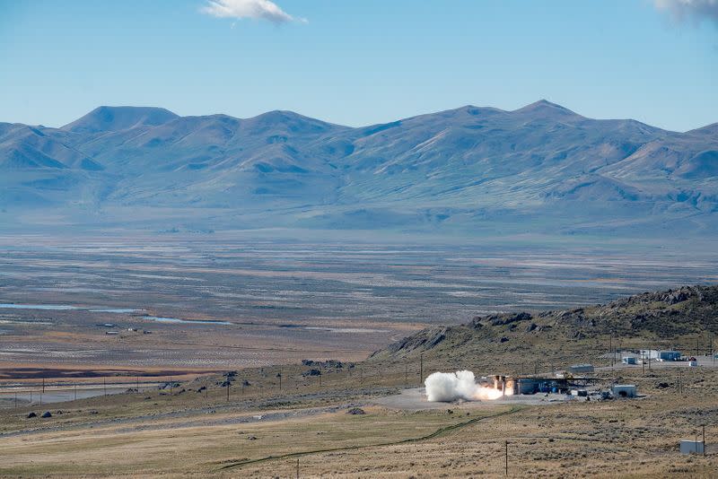 The US Navy, in collaboration with the US Army, conducts a static fire test of the first stage of the newly developed 34.5" common hypersonic missile that will be fielded by both services, in Utah