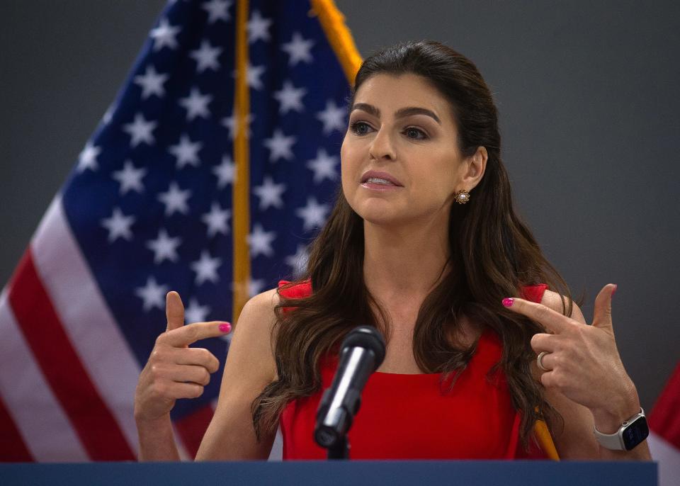 Casey DeSantis, the first lady of Florida, speaks on May 9 during a press conference about the "Hope Florida Fund."