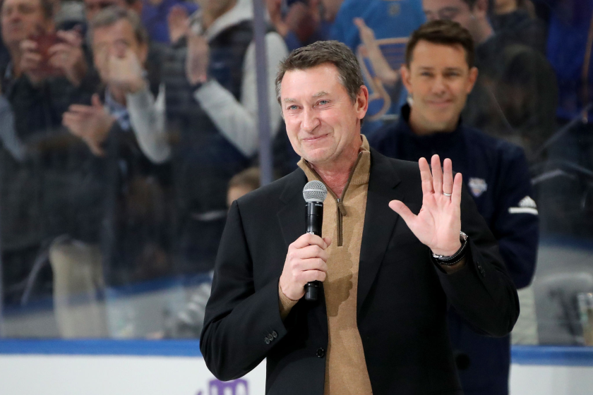 ST LOUIS, MISSOURI - JANUARY 24: Wayne Gretzky addresses fans prior to the 2020 NHL All-Star Skills Competition.