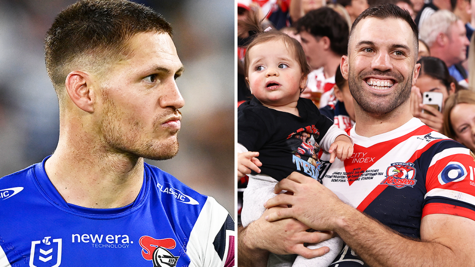 Kalyn Ponga reacts during a game and James Tedesco celebrates a win.