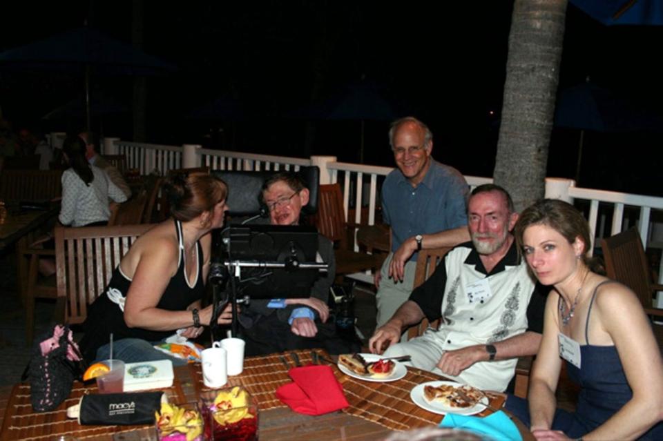 Renowned British theoretical physicist Stephen Hawking enjoys a barbecue on Jeffrey Epstein's Caribbean island Little St James while attending a conference on St Thomas in March 2006 (Tim Stewart News Limited)