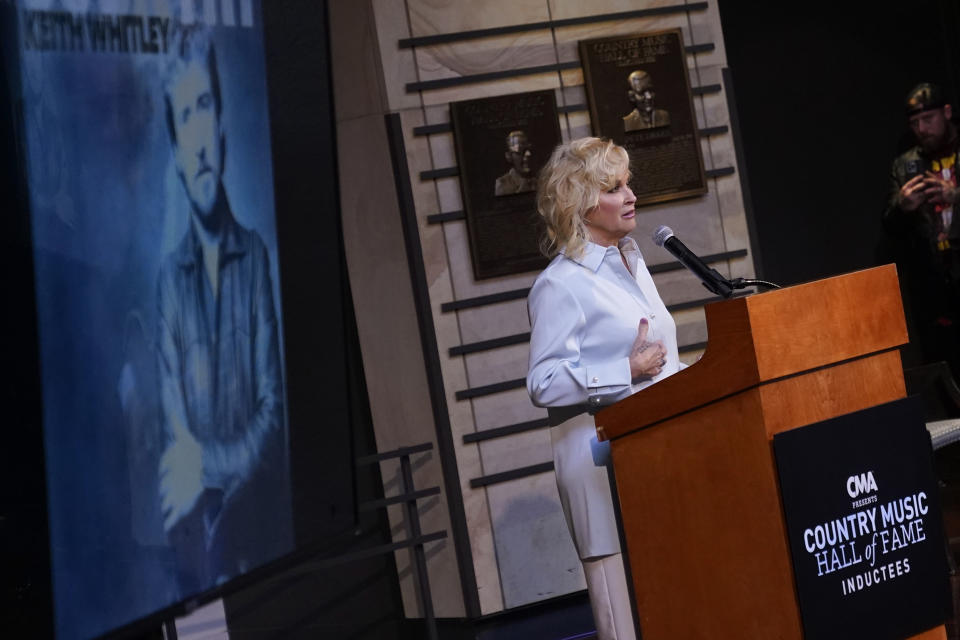 Lorrie Morgan, widow of country singer Keith Whitley, speaks at the Country Music Hall of Fame after it was announced Whitley will be inducted as a member Tuesday, May 17, 2022, in Nashville, Tenn. (AP Photo/Mark Humphrey)