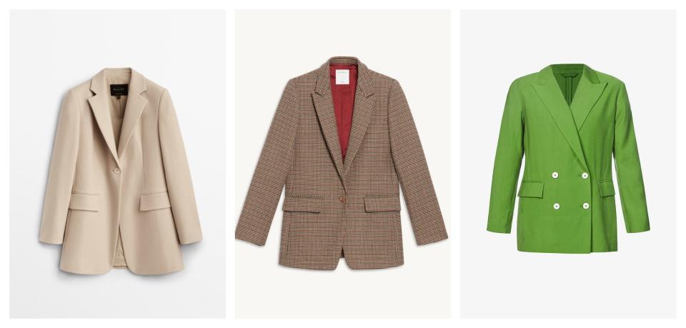 L-R: Wool blazer, was £269 now £149, Massimo Dutti; Wool blend blazer, was £409 now £204.50, Sandro; Woven blazer, was £100 now £70, Selfridges 