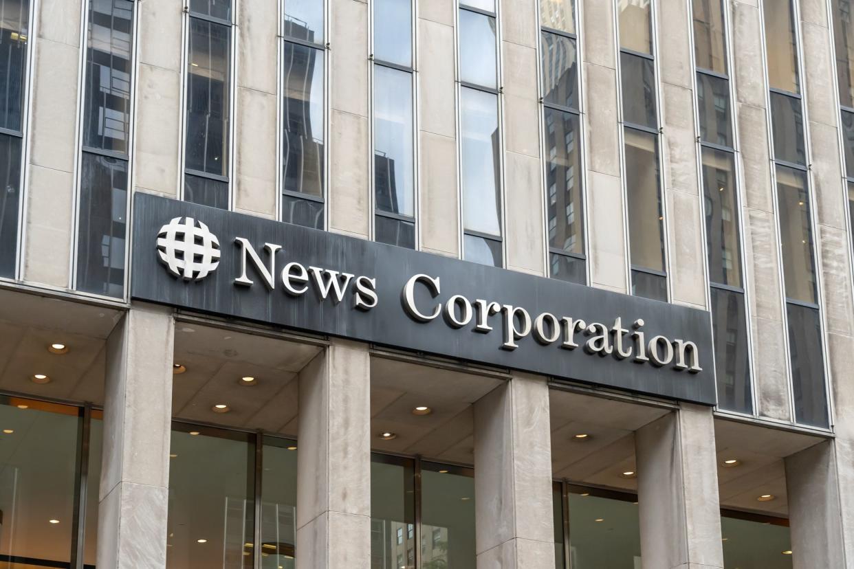 New York, Aug. 18, 2022: The News Corporation logo on its headquarters building in New York, NY, USA, August 18, 2022. News Corp. is a U.S. media and publishing company.