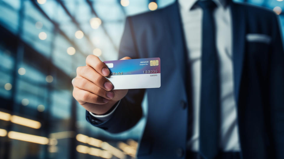 A businesswoman holding a debit card in her hand, highlighting its payment solutions.