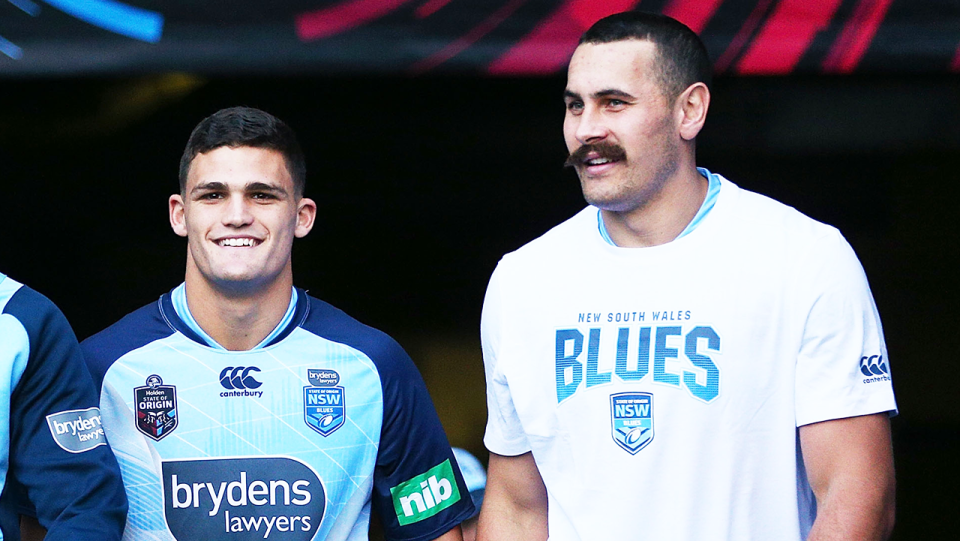 Reagan Campbell-Gillard (pictured right) and Nathan Cleary (pictured left) walk out for the Blues State of Origin media conference.