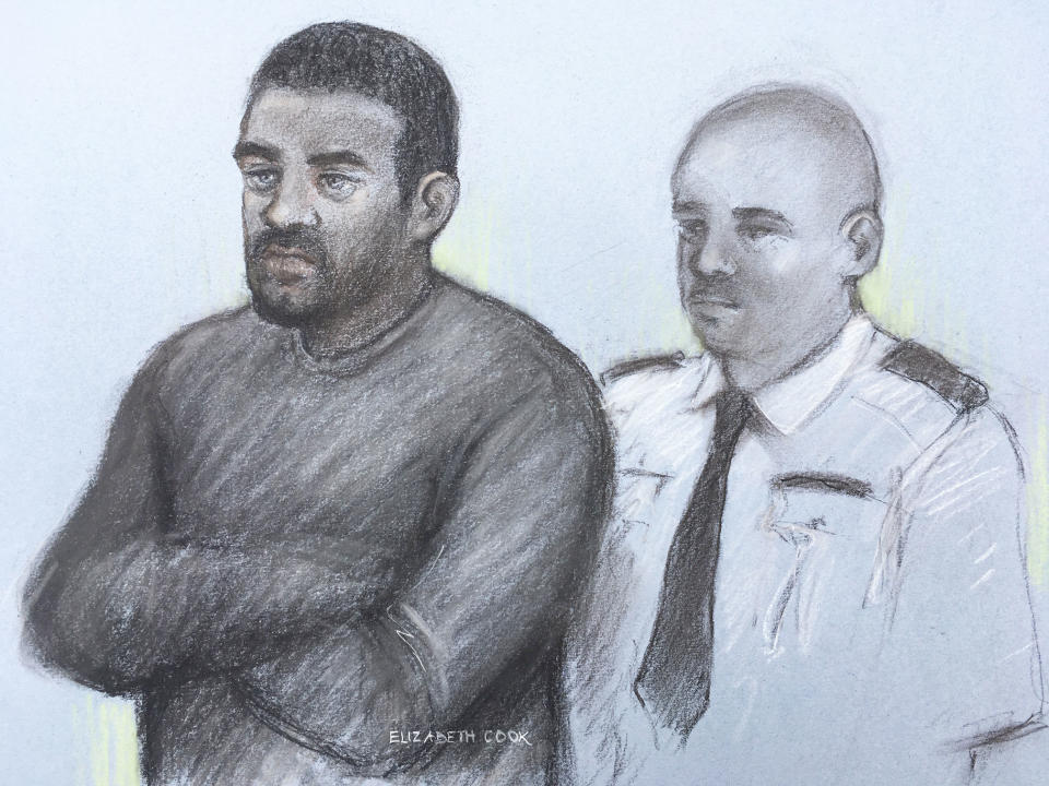 A court artist sketch of Aaron McKenzie, 25, appearing at Camberwell Green Magistrates' Court (Picture: PA)