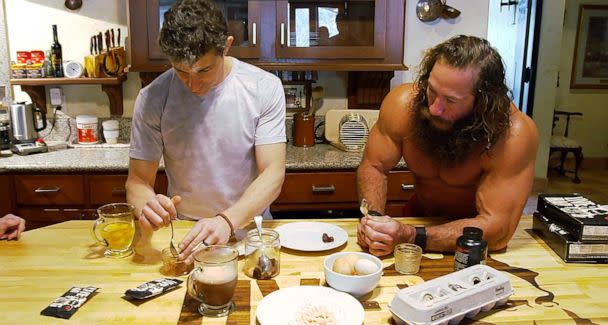 PHOTO: ABC News' Matt Gutman tries a dish based off animal testicles that was prepared by social media influencer the Liver King. (ABC News)