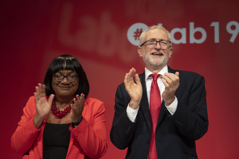 Diane Abbott and Jeremy Corbyn on stage at the Labour Party Conference.