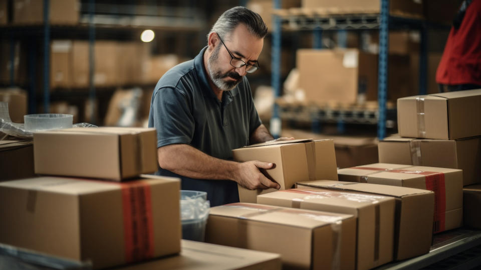 A devoted employee packing medical supplies and devices to ship to customers in need.