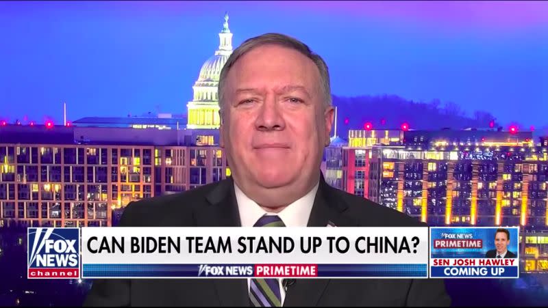 ▲美國前國務卿蓬佩奧（Mike Pompeo）接受福斯新聞訪問，呼籲新政府延續川普時期強硬的對中立場。（圖／翻攝自FOX News影片）
