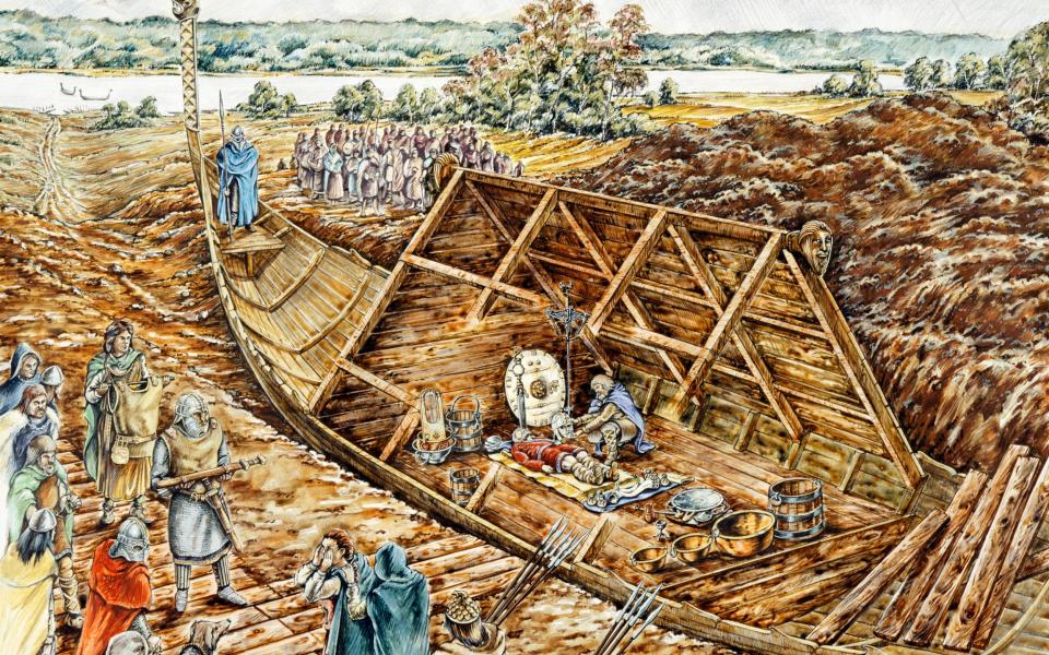 An early reconstruction drawing of the Sutton Hoo ship burial