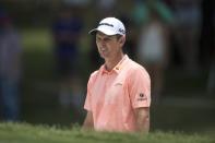 May 26, 2018; Fort Worth, TX, USA; Justin Rose hits from the bunker on the fifth green during the third round of the Fort Worth Invitational golf tournament at Colonial Country Club. Mandatory Credit: Jerome Miron-USA TODAY Sports